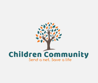 A colorful logo design featuring children holding hands in a community setting