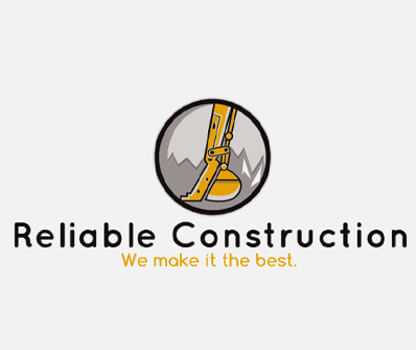 Logo for Reliable Construction featuring an illustration of a yellow crane arm within a circular frame.