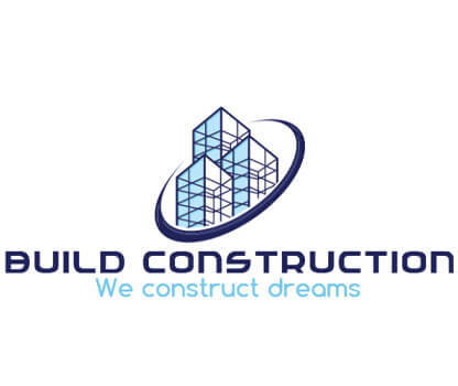 A logo for Build Construction featuring an abstract, blue, geometric building design encircled by a swoosh.