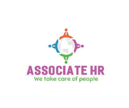 Logo for Associate HR featuring a globe surrounded by four human figures in different colors