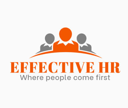 Logo for Effective HR featuring three stylized human figures: an orange one in front and two gray ones behind.